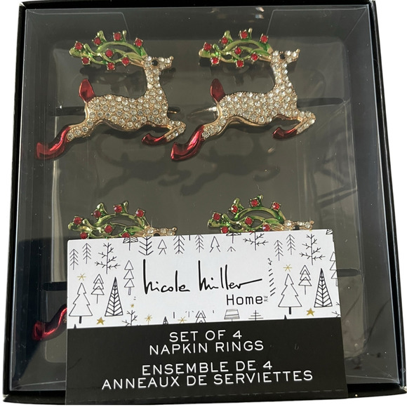 Nicole Miller Christmas Rhinestone Reindeer Napkin Rings Set of 4 Holiday Glam - Picture 8 of 9